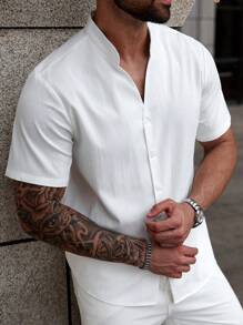 Manfinity CasualCool Camisa casual de manga corta de un solo abotonadura y unicolor para hombre de talla grande para el verano - Blanco - Ver 1