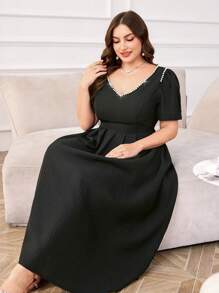 Modelyn V-Neck Long Sleeve A-Line Plus Size Casual Dress, Suitable For Spring & Summer - Black - View 5