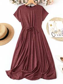 SHEIN LUNE Plus Size Women Summer Solid Color Round Neck Short Sleeve Waist Tie Casual Dress,Sun Dresses For Women,Sundress