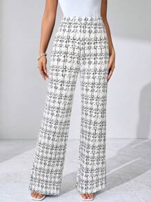 SHEIN Clasi 夏季优雅女士格纹印花弹力针织裤，适合各种场合，适合夏季度假、优雅旅行、日常通勤 - 黑與白 - 查看 4