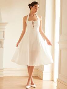 Aveloria Rosie Nuovo abito elegante da donna in stile francese, da vacanza, ampio, tinta unita, scollo quadrato, con inserti in pizzo, fiocco in vita, aderente