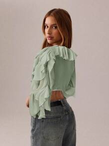 SHEIN SXY Tops blancos románticos; Ropa de mujer para primavera y verano; Tops cortos; Ropa de festival y fiesta; Camisa de mujer de manga larga, escote en V profundo, transparencia y tirantes con estampado de hoja de loto, sexy - verde menta - Ver 2