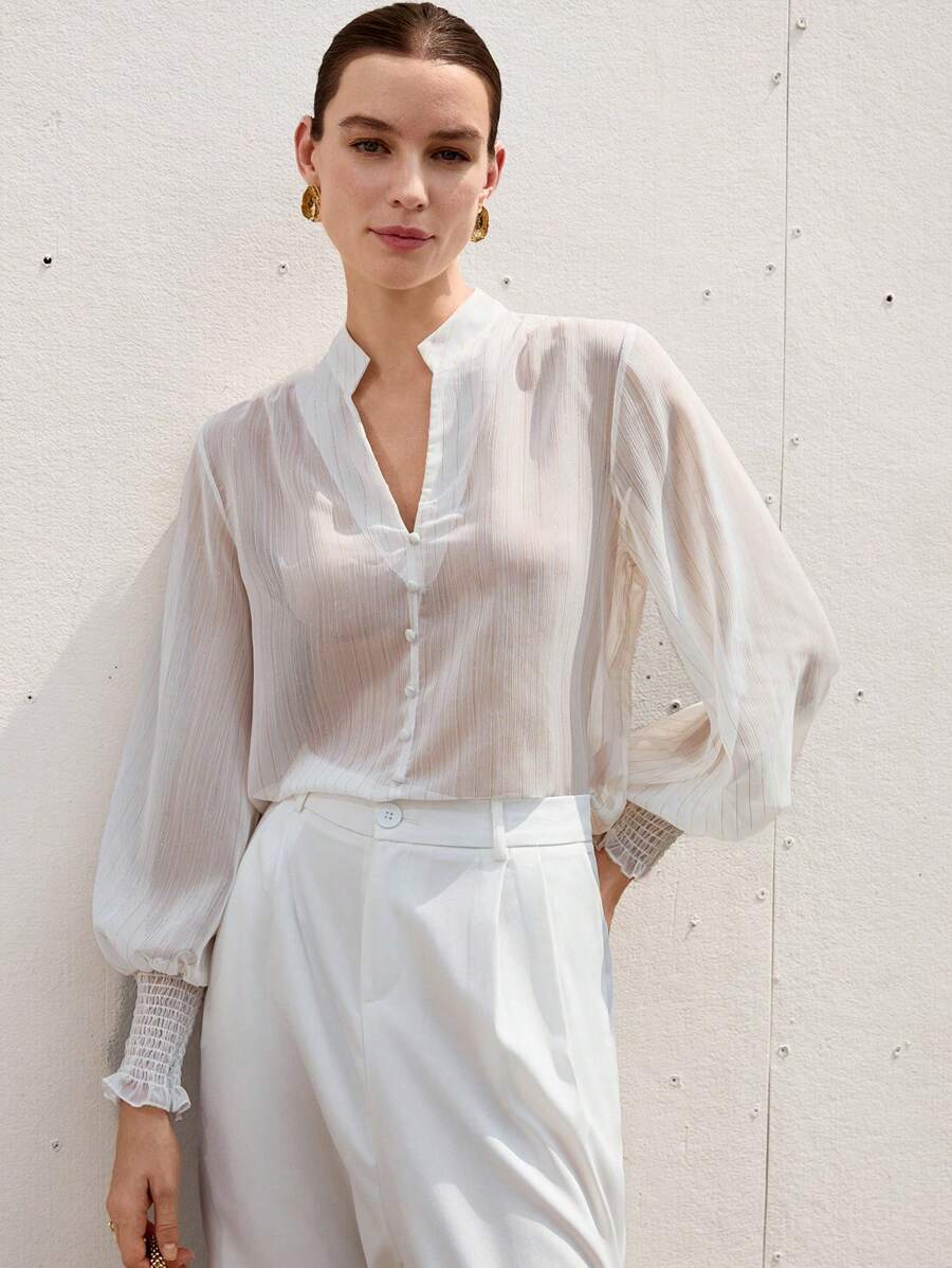 Aveloria Modichic 女士轻薄透明雪纺褶皱灯笼袖衬衫，夏季透明面料