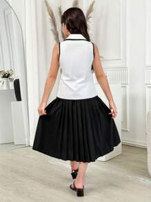 青少年女孩优雅西装领金色装饰纽扣背心上衣和休闲吊带褶边连衣裙套装，适合夏季外出和派对 - 黑色 - 查看 2