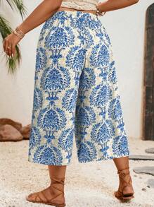 SHEIN VCAY 大码女式度假系带腰身印花阔腿七分裤 - 藍白色 - 查看 2