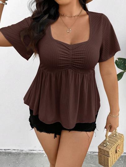 SHEIN Frenchy Plus Size Women Solid Color Ruched Short Sleeve Ruffle Hem Boho/Bohemian Short Sleeve Top T-Shirt