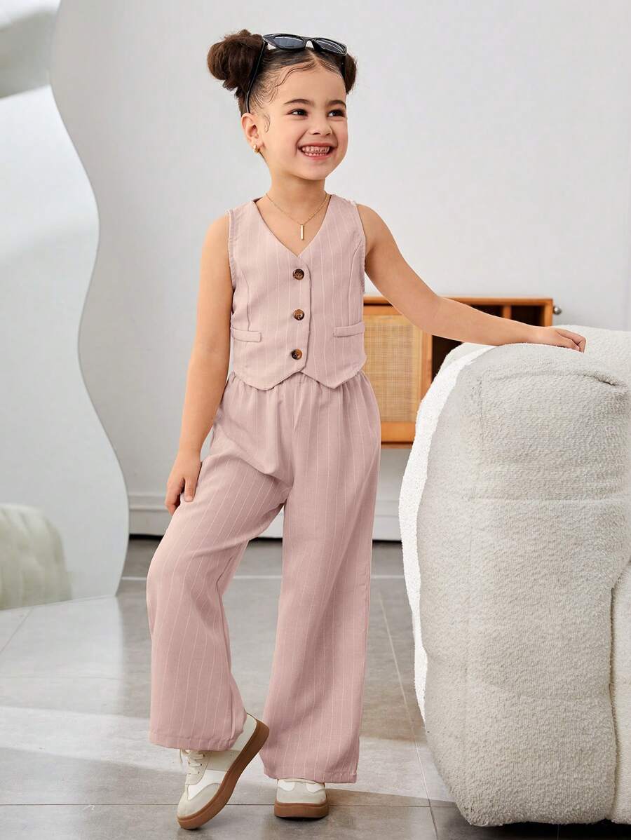 SHEIN Nova Glow 女童休闲春夏纯色无袖上衣和裤子套装 - 藕粉色 - 查看 1