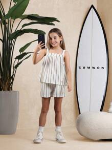 SUMWON Conjunto de top de tirantes y shorts a rayas de verano, conjunto de ropa informal de dos piezas para vacaciones, playa, resort, con ajuste relajado y sin mangas, ideal para festivales y días de descanso