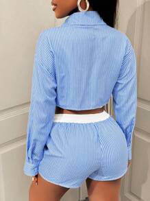 BamGleam 女士 2 件套条纹长袖纽扣上衣和短裤，休闲 - 藍白色 - 查看 2