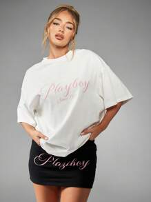 Missguided x Playboy 经典兔子标志 T 恤自 1953 年以来图案超大棉质 T 恤超柔软街头短袖休闲家居服运动休闲 - 白色 - 查看 1