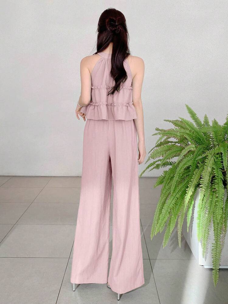 2pcs Set Women Solid Color Frill Trim Sleeveless Top And Wide Leg Pants,Back To School Clothes