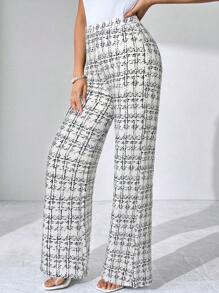 SHEIN Clasi 夏季优雅女士格纹印花弹力针织裤，适合各种场合，适合夏季度假、优雅旅行、日常通勤 - 黑與白 - 查看 5