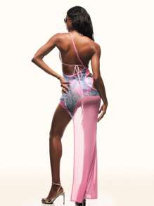 TypaGal Starfish Print Hollow-Out Sexy Beach Cover Up Dress - Pink - View 2