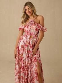 Enchnt Spring/Summer Romantic Women's  Vacation Style Allover Print Embellished Halter Ruffle Hem One Shoulder Maxi Dress,Sweet&Elegant&Sexy, For Holiday Dress&Vacation Dress&Sweet Date&Graduation Season Dress&Afternoon Tea&Garden Parties,Summer Outfits For Women,Elegant Dresses For Women,Bohemian Clothes