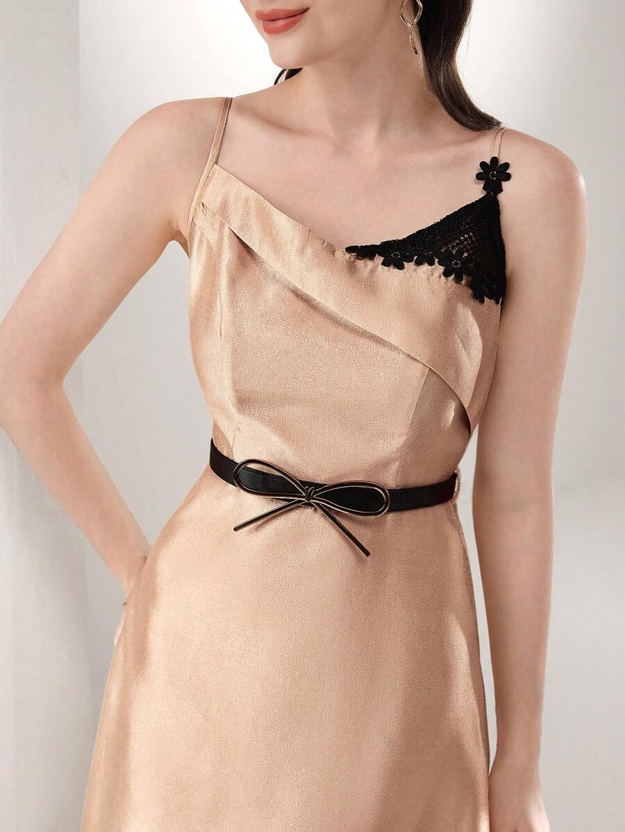 Modelyn Women's Elegant Taupe Midi Dress With Asymmetrical Neckline Sleeveless Design And Delicate Black Lace Detail - Khaki - View 1