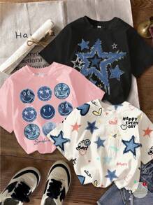 SHEIN Set de 3 camisetas de cuello redondo de manga corta con estampado de estrellas y caras vintage personalizado, en negro, blanco y rosa, de estilo informal minimalista para niña preadolescente, para el verano y resorts