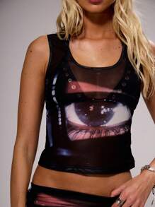 MUSERA Mesh Eye Print Scoop Neck Top Spring, Summer, Holiday, Festival, Rave, Grunge, Cool Girl, Y2K Graphic Top Graphic