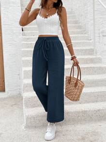 SHEIN Frenchy 女士纯色抽绳腰休闲百搭时尚长裤