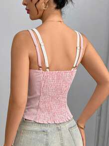 INAWLY Débardeur court slim bicolore avec empiècement froncé et sangles cousues, taille standard, pour femme, style casual en tissage rayé - Rose bonbon - Voir 2