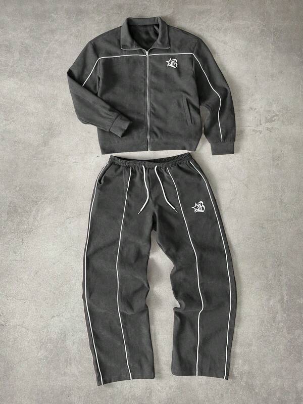 Manfinity Streetrush Herren Kontrast-Farbiger Kragen Reißverschluss Langarm Jacke & Kordelzug Lange Hose Set, Herren Trainingsanzug, Herren Zweiteiler Set Trainingsanzug