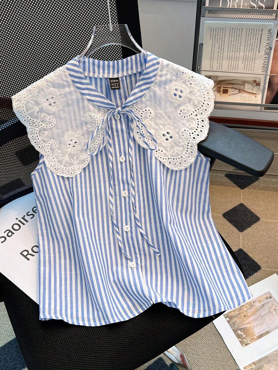 Franclia 法式优雅编织V领无袖花卉装饰条纹女式衬衫 - 彩色 - 查看 1