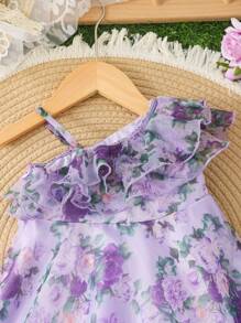 SHEIN Babygirl Elegant Floral Print Organza Summer Dress - Multicolor - View 6