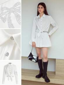 MOTF STUDIO RHINESTONE BOW DETAIL BUTTON UP SHIRT - White - View 7