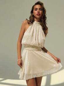 Aloruh 女士简约纯色优雅迷你连衣裙 - 杏色 - 查看 5