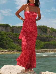 SHEIN VCAY Vestido de verano sexy para tallas grandes con estampado completo, escote halter y cintura ceñida
