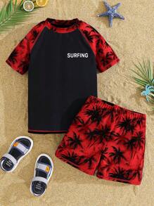 SHEIN 2pcs/Set Tween Boy Casual Vacation Letter & Palm Tree Printed Swimwear Set, Top & Bottoms, Swimsuit, Cost-Effective Beachwear, Swimming, Surfing