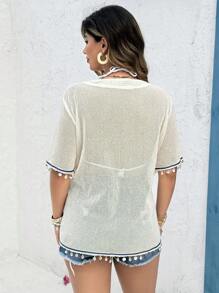 SHEIN Clasi Camiseta feminina plus size vintage vazada patchwork fita concha lantejoulas gola V - Damasco - Ver 2
