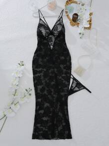 2 件套女士性感蕾丝交叉后背衬裙和配套长袍套装