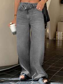 DAZY Jeans de cintura baja con diseño de línea recta para mujer, estilo Y2K - Gris - Ver 5