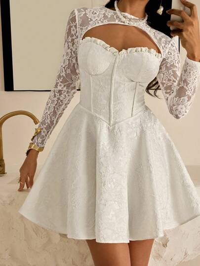 Vowa Elegant Luxury Lace Patchwork Jacquard Satin A-Line Sheer Long Sleeve Dress, Suitable For Weddings, Parties, Holidays, Balls, Gifts, Bride,Graduation,Teacher Outfits For Women,Teacher Dress