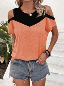SHEIN LUNE Camiseta gráfica con hombros descubiertos y bloque de color para mujer - Naranja - Ver 5