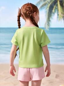 Shark Week X SHEIN Young Girl Shark And Letter Graphic Round Neck Short Sleeve T-Shirt - Green - View 2