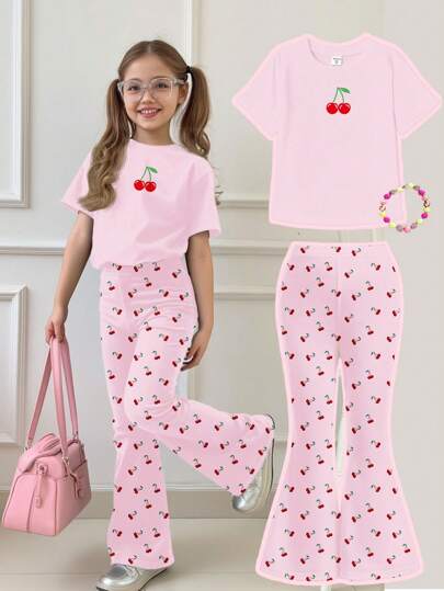 SHEIN 2pcs/Set Girls' Casual Cartoon Pattern Round Neck Short Sleeve Top And Flared Pants Suit, Suitable For Summer