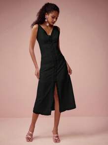 Enchnt Đầm bodycon dài vừa phải, không tay, phối ren đơn hàng khuy xẻ tà dành cho nữ - màu đen - Xem 6