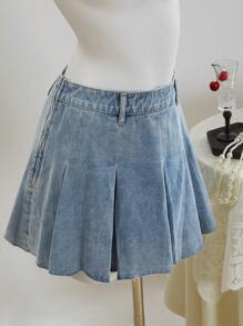 SHEIN MOD 女士纯色褶皱侧拉链休闲百搭牛仔裙、褶裙、女士夏季连衣裙、女士生日裙、女士商务休闲裙、乡村音乐会裙、女士音乐会裙、女士休闲裙、女士度假裙、茶会裙、女士邮轮裙 - 淺色水洗藍 - 查看 4