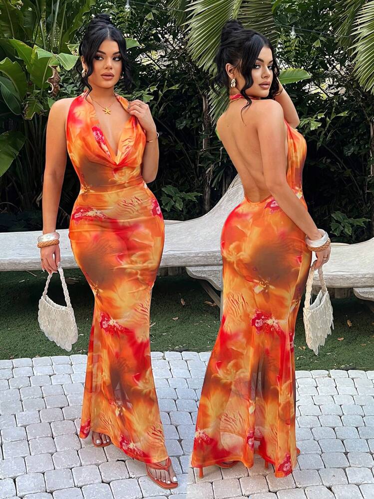 SHEIN SXY 垂坠领露背花卉印花动物图案性感连衣裙、海岛度假装、泳池派对装、夏装、女士沙滩装、女士度假装、波西米亚风女装、女士早午餐装、露背连衣裙、女士邮轮装、露肩连衣裙、露背连衣裙、网眼连衣裙、女士夏威夷装、女士性感装、透视装、伊比沙岛装、泳池派对装、海岛度假装、露背连衣裙、露背连衣裙、性感 - 彩色 - 查看 3