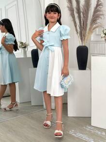 SHEIN 女童双色拼布连衣裙，衬衫领短袖，优雅夏日假期 - 薄荷綠 - 查看 7