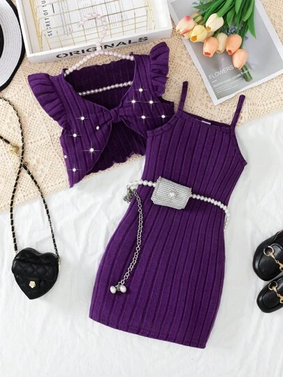 Elladie kids 2pcs/Set Young GirlValentine's Day Fashion Chic Knit Ruffle Sleeveless Tank Top + Cami Dress Spring Outfit Purple Girls Two Piece Dress Purple Girl Dress Lilac Girl Dress Girls Purple Dress Set Kids Purple Dress
