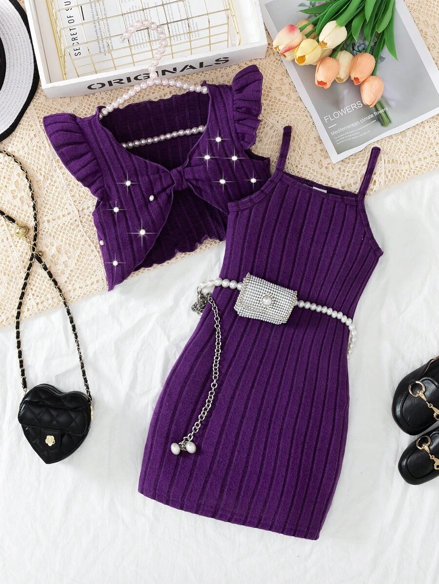 Elladie kids 2pcs/Set Young Girl Valentine's Day Fashion Chic Knit Ruffle Sleeveless Top + Cami Dress Spring Outfit Baby Purple,Summer,Birthday Lilac Purple Set - Purple - View 1