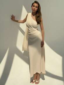 Aloruh Robe de mariée d'été élégante couleur abricot beige à une épaule, robe de soirée moulante mi-longue avec épaule froncée et basque pour femmes, tenue de bureau avec rubans fluides - Nude - Voir 6
