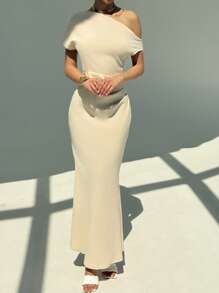 Aloruh Minimalist Commuting Office Outfit Apricot Midi Dress With Shoulder Pleating, Spring/Summer - Apricot - View 4