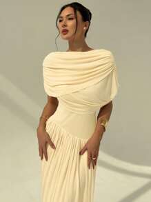 Aloruh Women's Solid Color Short Sleeve Waist-Cinched Elegant Off Shoulder Long Dress - Apricot - View 3
