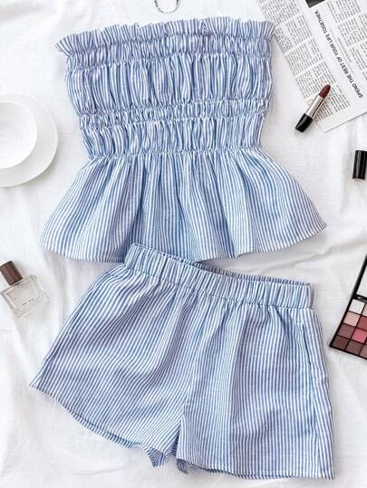 SHEIN Conjunto de 2 piezas de top tubo y shorts a rayas azul y blanco casual y lindo para adolescentes, adecuado para verano, fiesta, viaje, ir al trabajo, vacaciones
