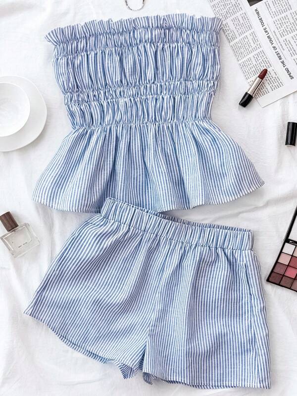 Conjunto de 2 piezas de top tubo a rayas azul y blanco con shorts informales para el hogar para adolescentes, adecuado para verano, fiestas, viajes, traslados, vacaciones