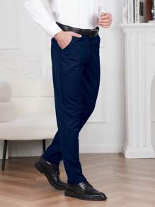 Calvornis Men's Business Style Solid Color Suit Trousers (Asymmetric Cut), Old Money Style - Navy Blue - View 5