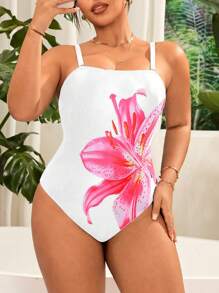 SHEIN Swim Curve 大码女式百合花印花连体可拆卸肩带休闲沙滩泳衣，度假风格 - 彩色 - 查看 3
